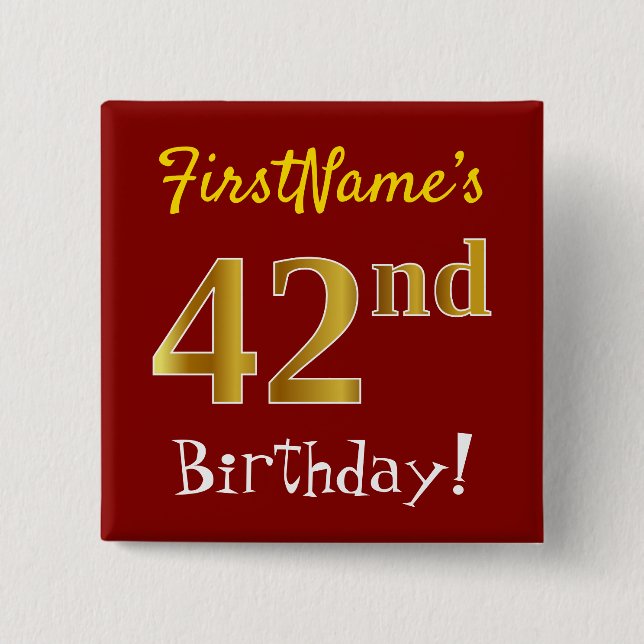 Red, Faux Gold 42nd Birthday, With Custom Name 15 Cm Square Badge (Front)
