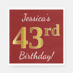 Red, Faux Gold 43rd Birthday + Custom Name Napkin
