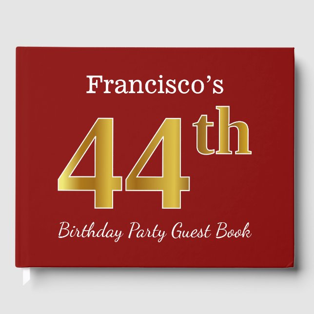 Red, Faux Gold 44th Birthday Party + Custom Name Guest Book (Front)