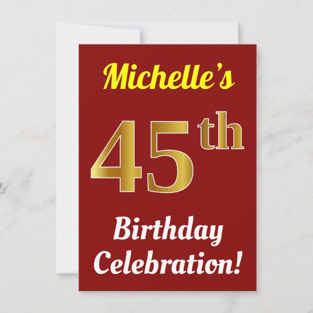 Red, Faux Gold 45th Birthday Celebration + Name Invitation (Front)