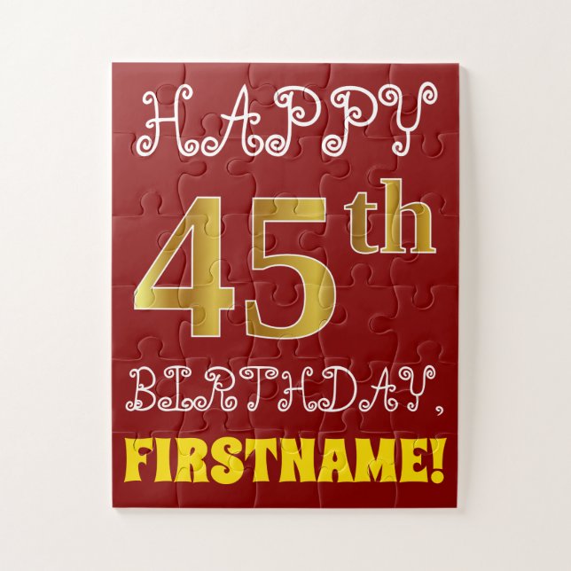 Red, Faux Gold 45th Birthday + Custom Name Puzzle (Vertical)