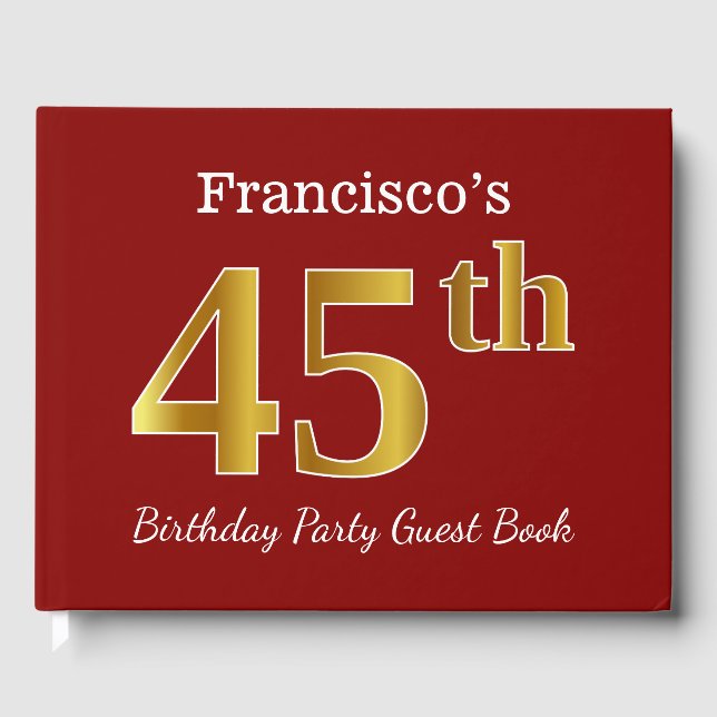 Red, Faux Gold 45th Birthday Party + Custom Name Guest Book (Front)