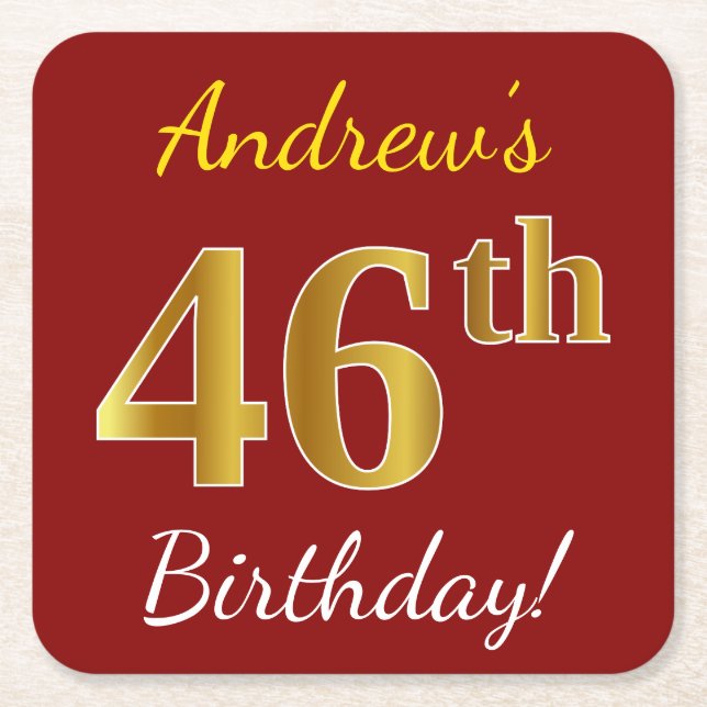 Red, Faux Gold 46th Birthday + Custom Name Square Paper Coaster (Front)