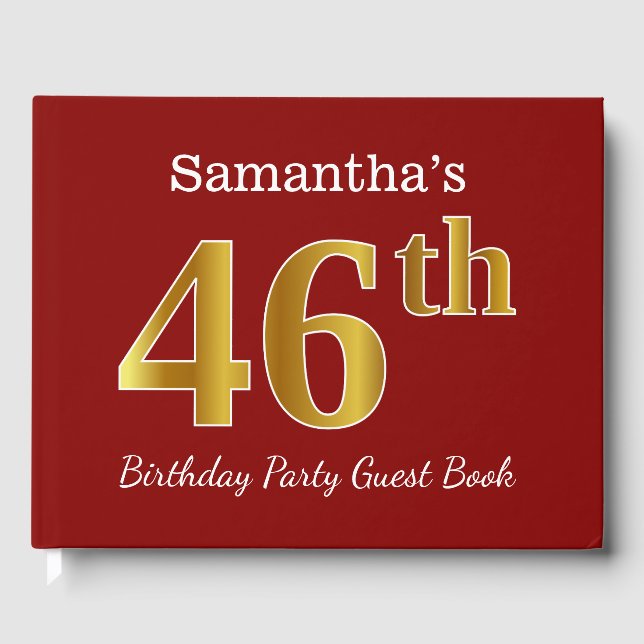 Red, Faux Gold 46th Birthday Party + Custom Name Guest Book (Front)