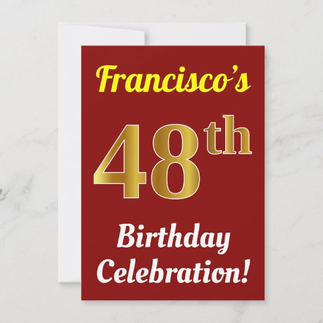 Red, Faux Gold 48th Birthday Celebration + Name Invitation (Front)