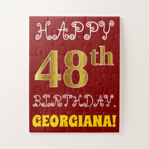 Red, Faux Gold 48th Birthday + Custom Name Puzzle