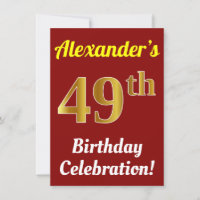 Red, Faux Gold 49th Birthday Celebration + Name