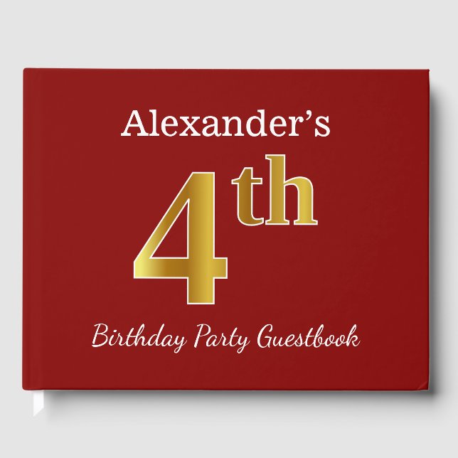 Red, Faux Gold 4th Birthday Party + Custom Name Guest Book (Front)