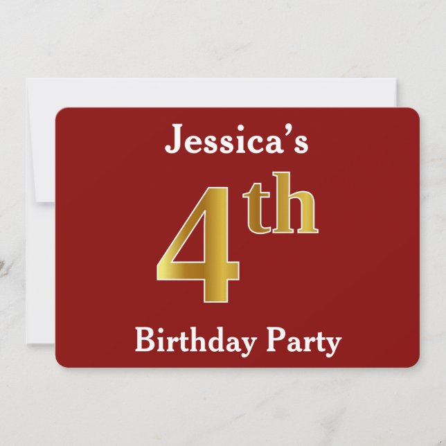 Red, Faux Gold 4th Birthday Party + Custom Name Invitation (Front)