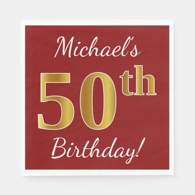 Red, Faux Gold 50th Birthday + Custom Name Napkin (Front)