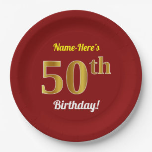 Red, Faux Gold 50th Birthday + Custom Name Paper Plate