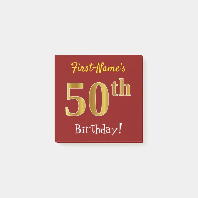 Red, Faux Gold 50th Birthday, With Custom Name Post-it Notes (Front)