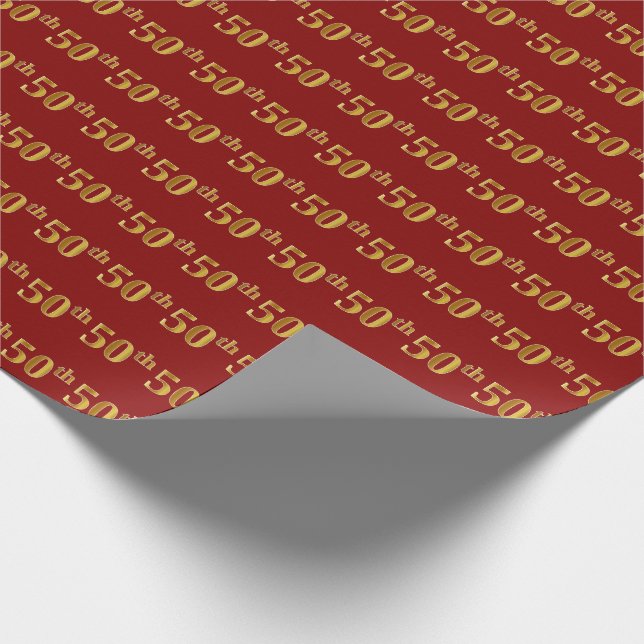 Red, Faux Gold 50th (Fiftieth) Event Wrapping Paper (Corner)