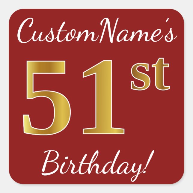 Red, Faux Gold 51st Birthday + Custom Name Sticker (Front)