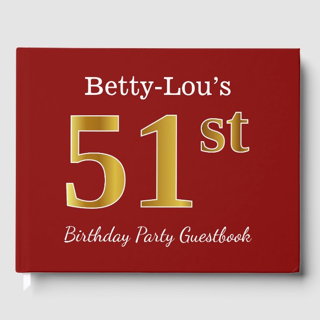 Red, Faux Gold 51st Birthday Party + Custom Name Guest Book (Front)