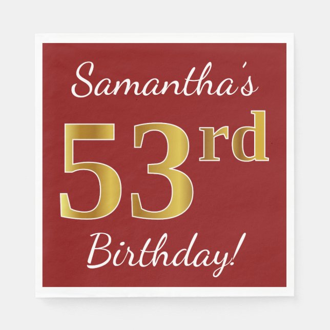 Red, Faux Gold 53rd Birthday + Custom Name Napkin (Front)