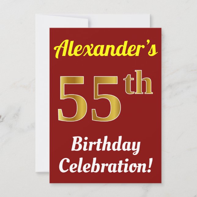 Red, Faux Gold 55th Birthday Celebration + Name Invitation (Front)