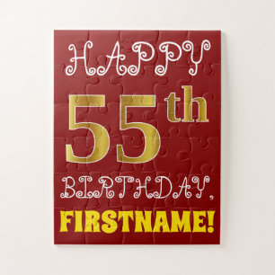 Red, Faux Gold 55th Birthday + Custom Name Puzzle