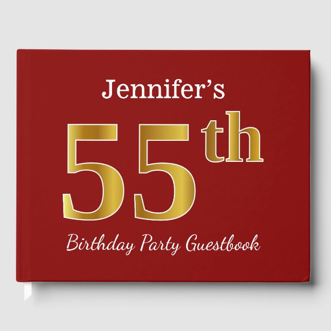 Red, Faux Gold 55th Birthday Party + Custom Name Guest Book (Front)