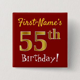 Red, Faux Gold 55th Birthday, With Custom Name 15 Cm Square Badge