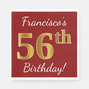 Red, Faux Gold 56th Birthday + Custom Name Napkin