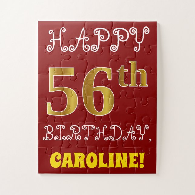 Red, Faux Gold 56th Birthday + Custom Name Puzzle (Vertical)