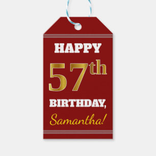 Red, Faux Gold 57th Birthday + Custom Name Gift Tags