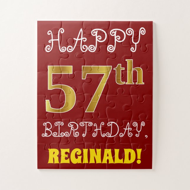 Red, Faux Gold 57th Birthday + Custom Name Puzzle (Vertical)