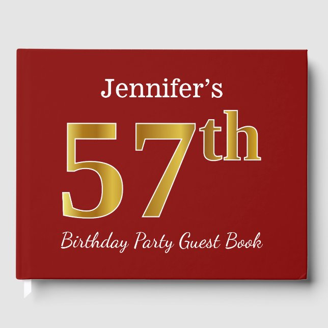Red, Faux Gold 57th Birthday Party + Custom Name Guest Book (Front)