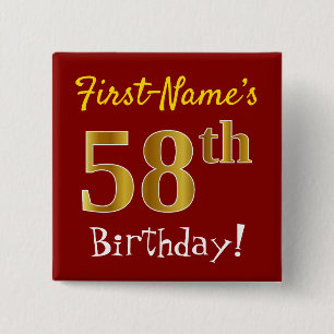 Red, Faux Gold 58th Birthday, With Custom Name 15 Cm Square Badge