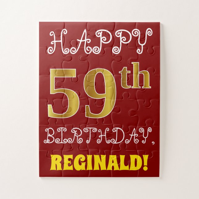 Red, Faux Gold 59th Birthday + Custom Name Puzzle (Vertical)