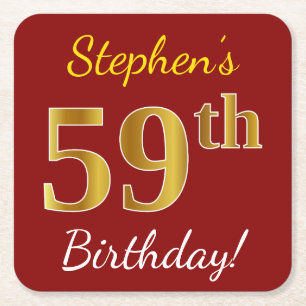 Red, Faux Gold 59th Birthday + Custom Name Square Paper Coaster