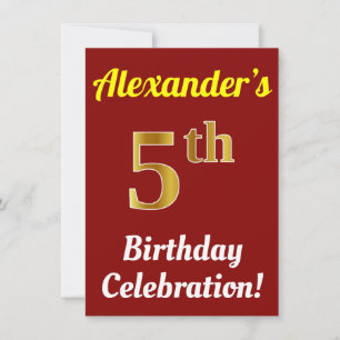 Red, Faux Gold 5th Birthday Celebration + Name Invitation