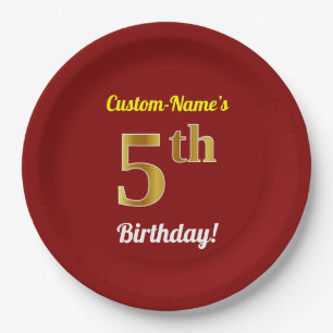 Red, Faux Gold 5th Birthday + Custom Name Paper Plate