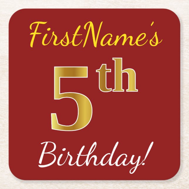 Red, Faux Gold 5th Birthday + Custom Name Square Paper Coaster (Front)