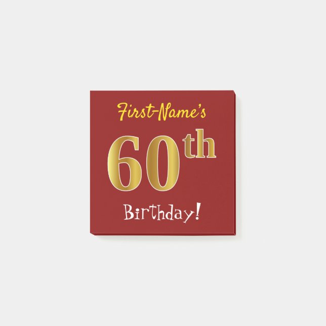 Red, Faux Gold 60th Birthday, With Custom Name Post-it Notes (Front)