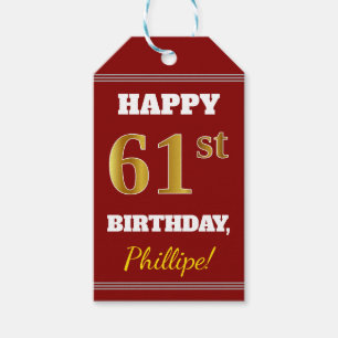 Red, Faux Gold 61st Birthday + Custom Name Gift Tags