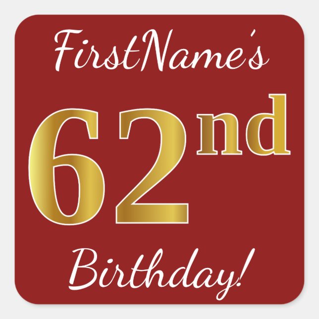 Red, Faux Gold 62nd Birthday + Custom Name Sticker (Front)