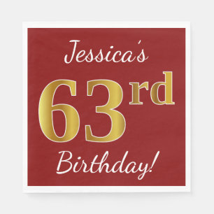 Red, Faux Gold 63rd Birthday + Custom Name Napkin