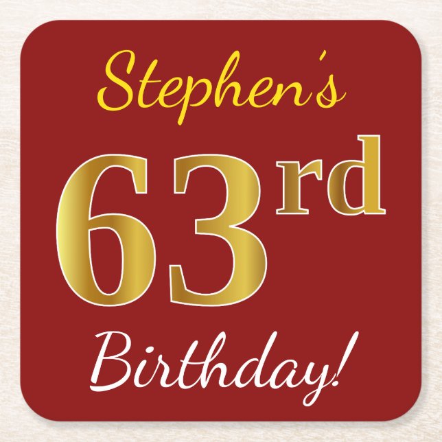 Red, Faux Gold 63rd Birthday + Custom Name Square Paper Coaster (Front)