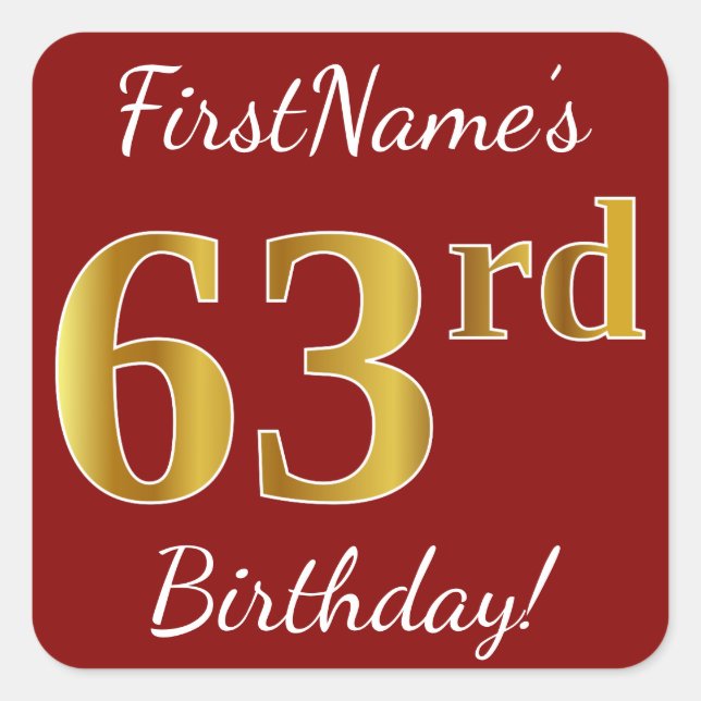 Red, Faux Gold 63rd Birthday + Custom Name Sticker (Front)