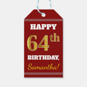 Red, Faux Gold 64th Birthday + Custom Name Gift Tags
