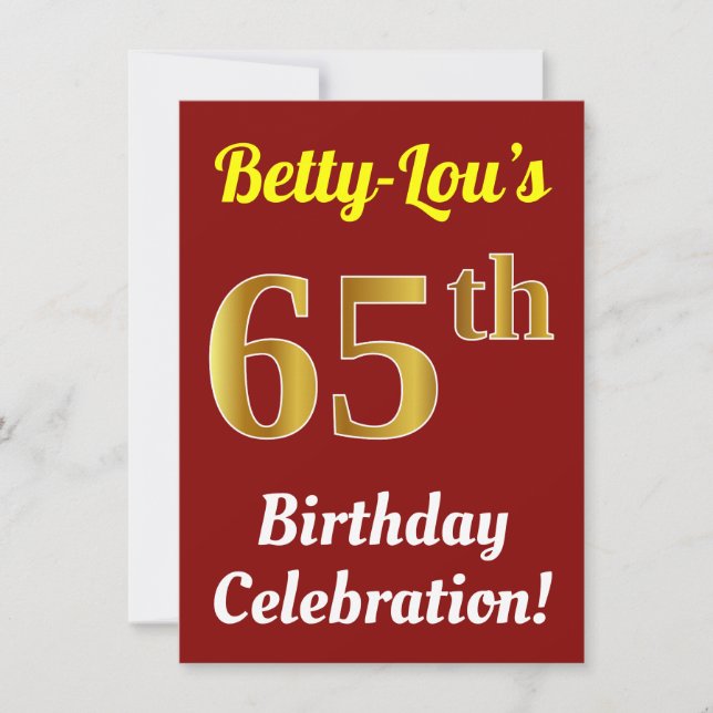 Red, Faux Gold 65th Birthday Celebration + Name Invitation (Front)