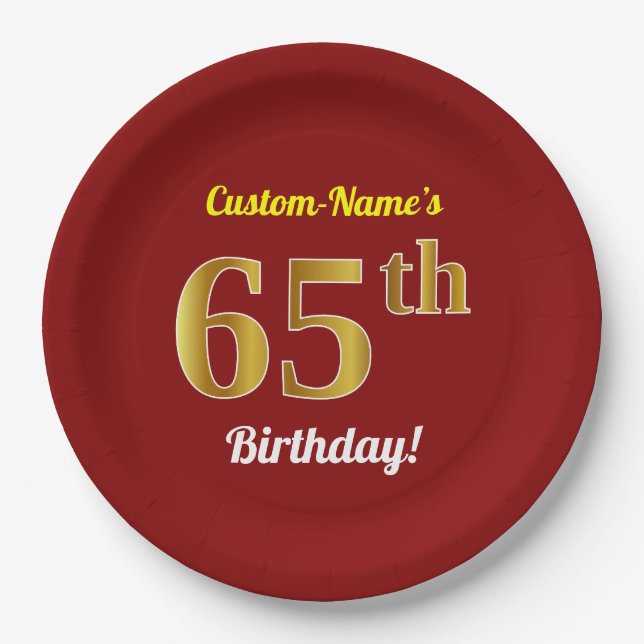 Red, Faux Gold 65th Birthday + Custom Name Paper Plate (Front)