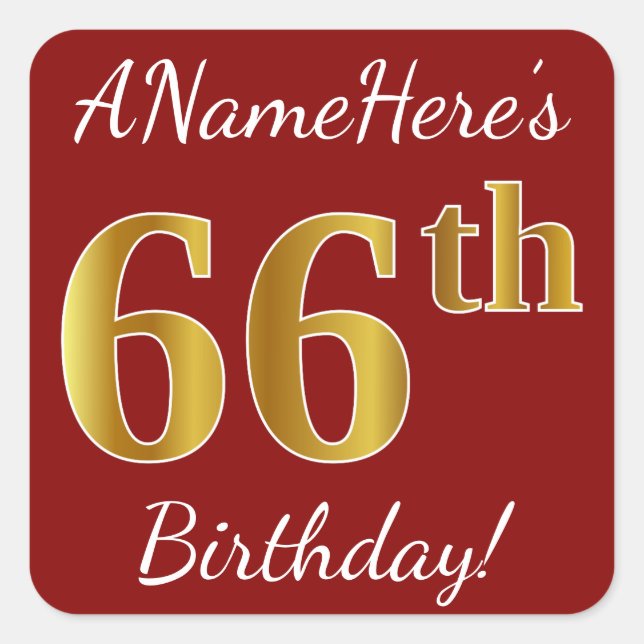 Red, Faux Gold 66th Birthday + Custom Name Sticker (Front)
