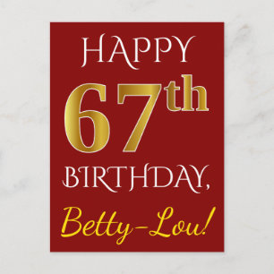 Red, Faux Gold 67th Birthday + Custom Name Postcard