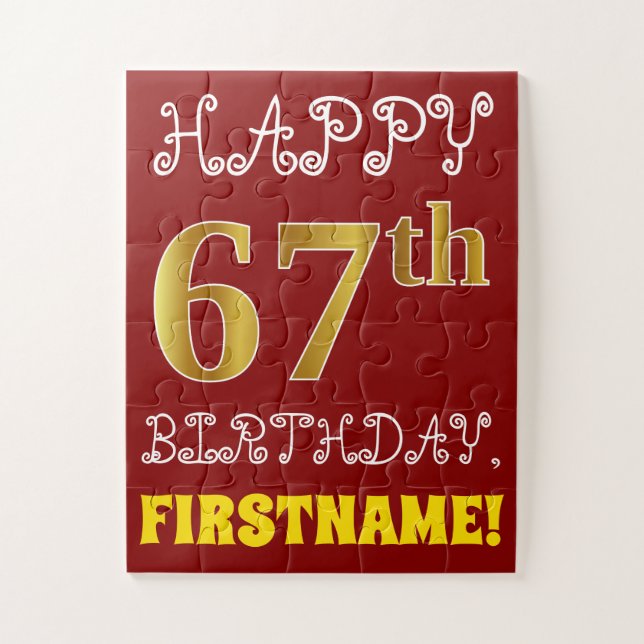 Red, Faux Gold 67th Birthday + Custom Name Puzzle (Vertical)