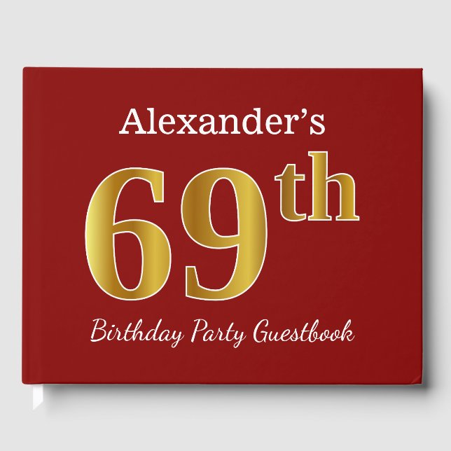 Red, Faux Gold 69th Birthday Party + Custom Name Guest Book (Front)