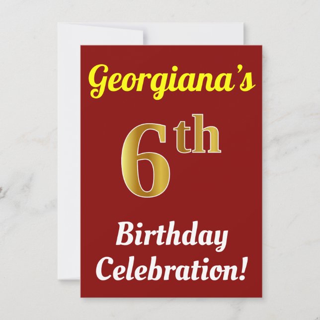 Red, Faux Gold 6th Birthday Celebration + Name Invitation (Front)