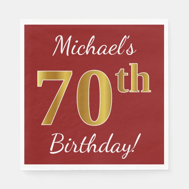 Red, Faux Gold 70th Birthday + Custom Name Napkin (Front)